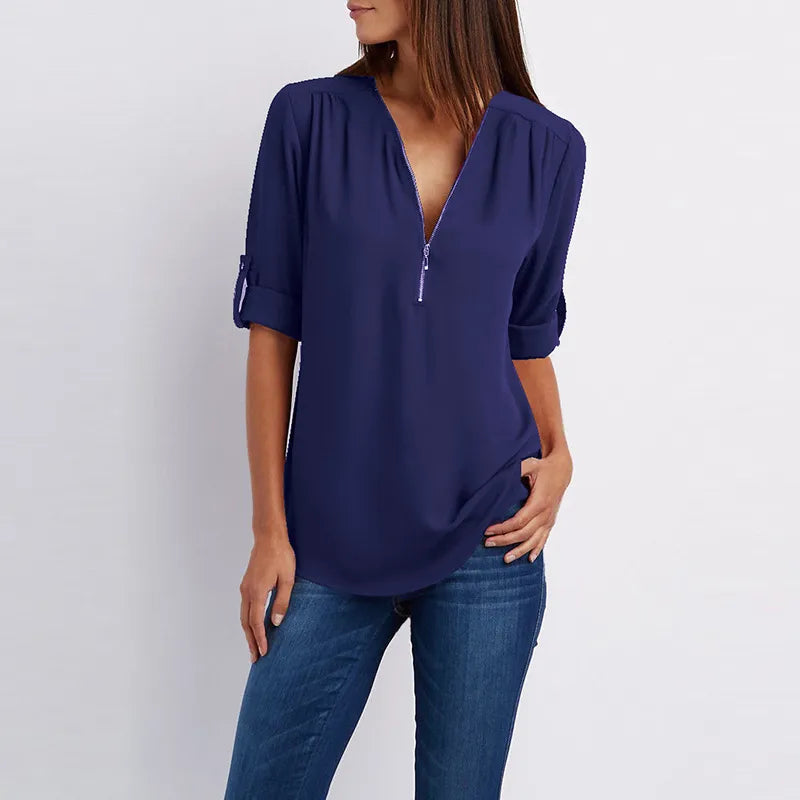 Women Summer Shirt Fashion V Neck Chiffon T-Shirts Casual Short Sleeve Loose Zipper Tops Blouse New