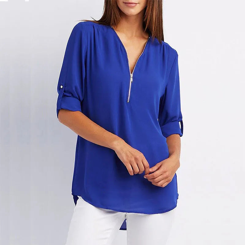 Women Summer Shirt Fashion V Neck Chiffon T-Shirts Casual Short Sleeve Loose Zipper Tops Blouse New