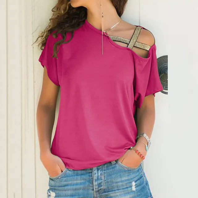 S-5XL Women Skew Neck Irregular Criss Cross Blouse Patchwork Solid Tops Blusa Femme One Shoulder Summer Shirt Hollow Plus Size 210518