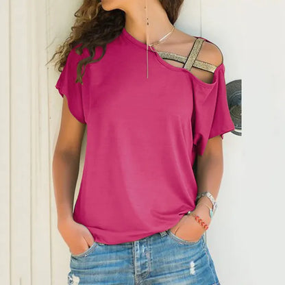 S-5XL Women Skew Neck Irregular Criss Cross Blouse Patchwork Solid Tops Blusa Femme One Shoulder Summer Shirt Hollow Plus Size 210518