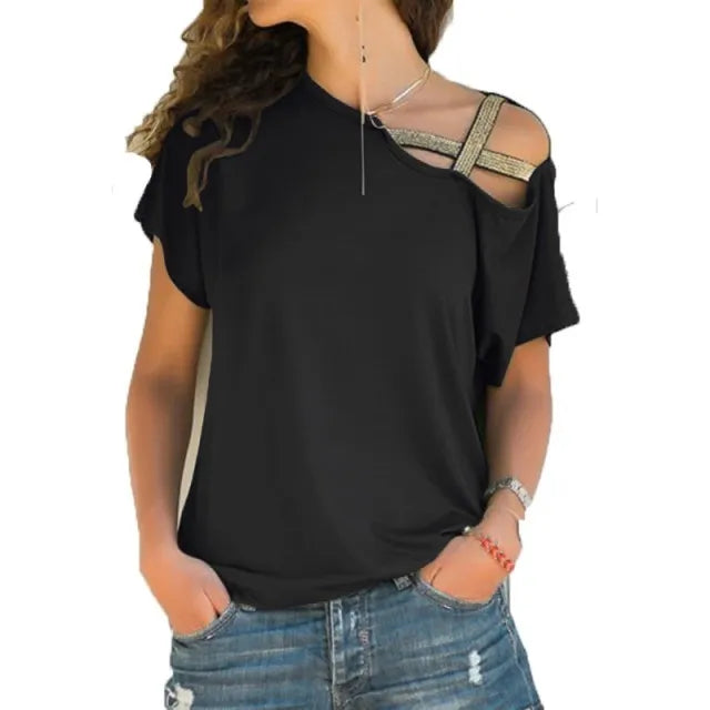 S-5XL Women Skew Neck Irregular Criss Cross Blouse Patchwork Solid Tops Blusa Femme One Shoulder Summer Shirt Hollow Plus Size 210518