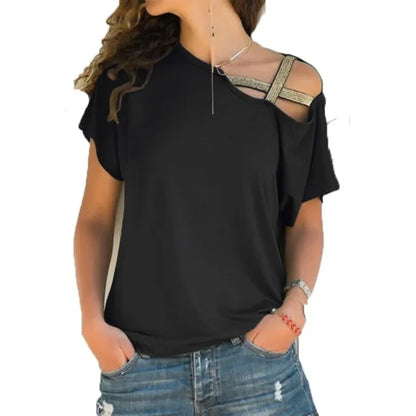 S-5XL Women Skew Neck Irregular Criss Cross Blouse Patchwork Solid Tops Blusa Femme One Shoulder Summer Shirt Hollow Plus Size 210518