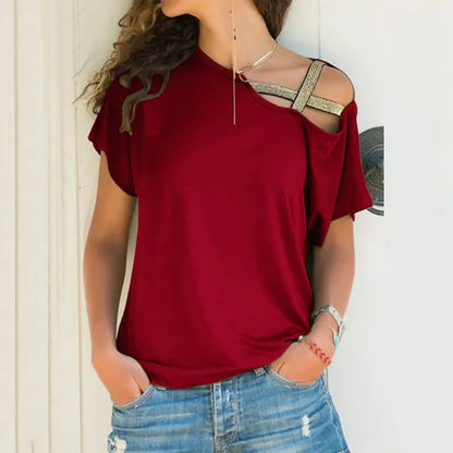 S-5XL Women Skew Neck Irregular Criss Cross Blouse Patchwork Solid Tops Blusa Femme One Shoulder Summer Shirt Hollow Plus Size 210518