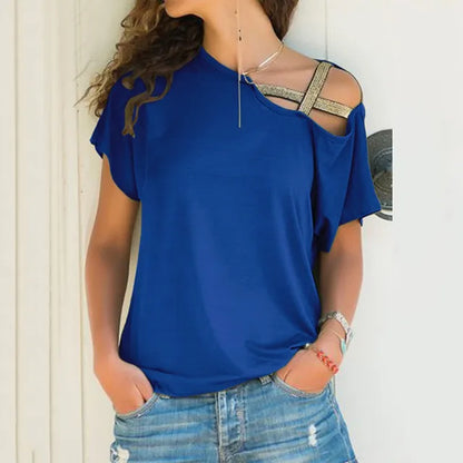 S-5XL Women Skew Neck Irregular Criss Cross Blouse Patchwork Solid Tops Blusa Femme One Shoulder Summer Shirt Hollow Plus Size 210518