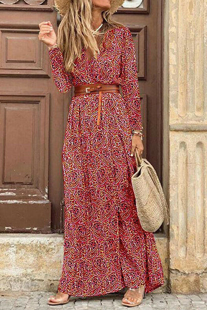 Fashion Bohemian Print With Belt V Neck Cake Skirt Dresses(3 Colors)