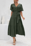 Elegant Solid Split Joint With Belt V Neck Cake Skirt Dresses(4 colors)