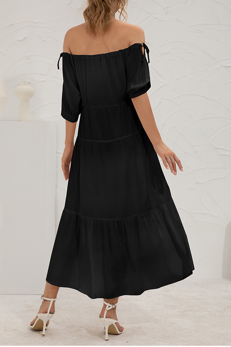 Elegant Solid Split Joint Frenulum Off the Shoulder Cake Skirt Dresses