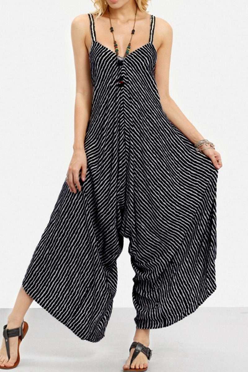 Fashion Casual Striped Split Joint Spaghetti Strap Loose Jumpsuits