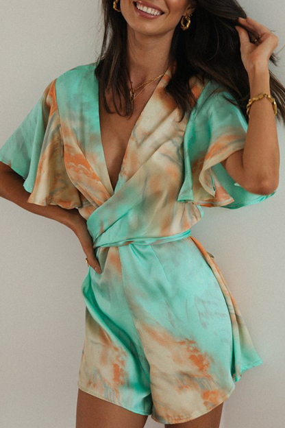 Elegant Tie Dye Patchwork Backless V Neck Jumpsuits