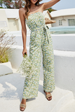 Fashion Elegant Floral With Belt Strapless Straight Jumpsuits