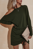 Fashion Elegant Solid Draw String Frenulum O Neck Irregular Dress Dresses