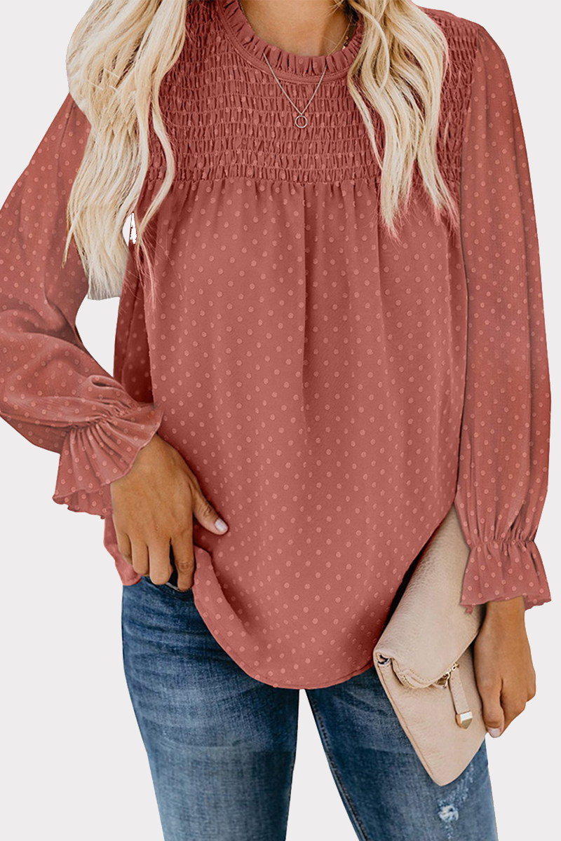 Elegant Solid Tie-dye Fold O Neck Tops