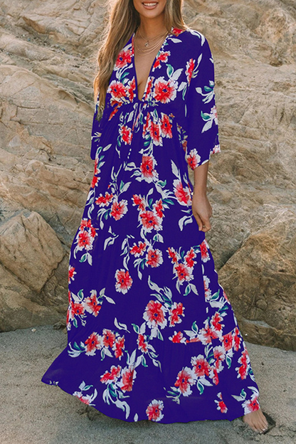 Fashion Elegant Floral Split Joint Frenulum V Neck A Line Dresses