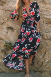 Fashion Elegant Floral Split Joint Frenulum V Neck A Line Dresses