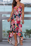 Fashion Elegant Floral Split Joint Flounce V Neck Irregular Dress Dresses(4 colors)