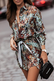 Fashion Elegant Print Buckle Strap Design Turndown Collar Waist Dresses（4 colors）
