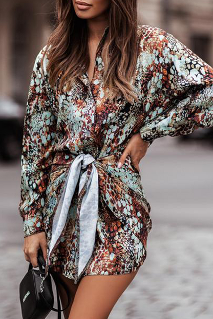 Fashion Elegant Print Buckle Strap Design Turndown Collar Waist Dresses（4 colors）
