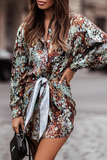 Fashion Elegant Print Buckle Strap Design Turndown Collar Waist Dresses（4 colors）
