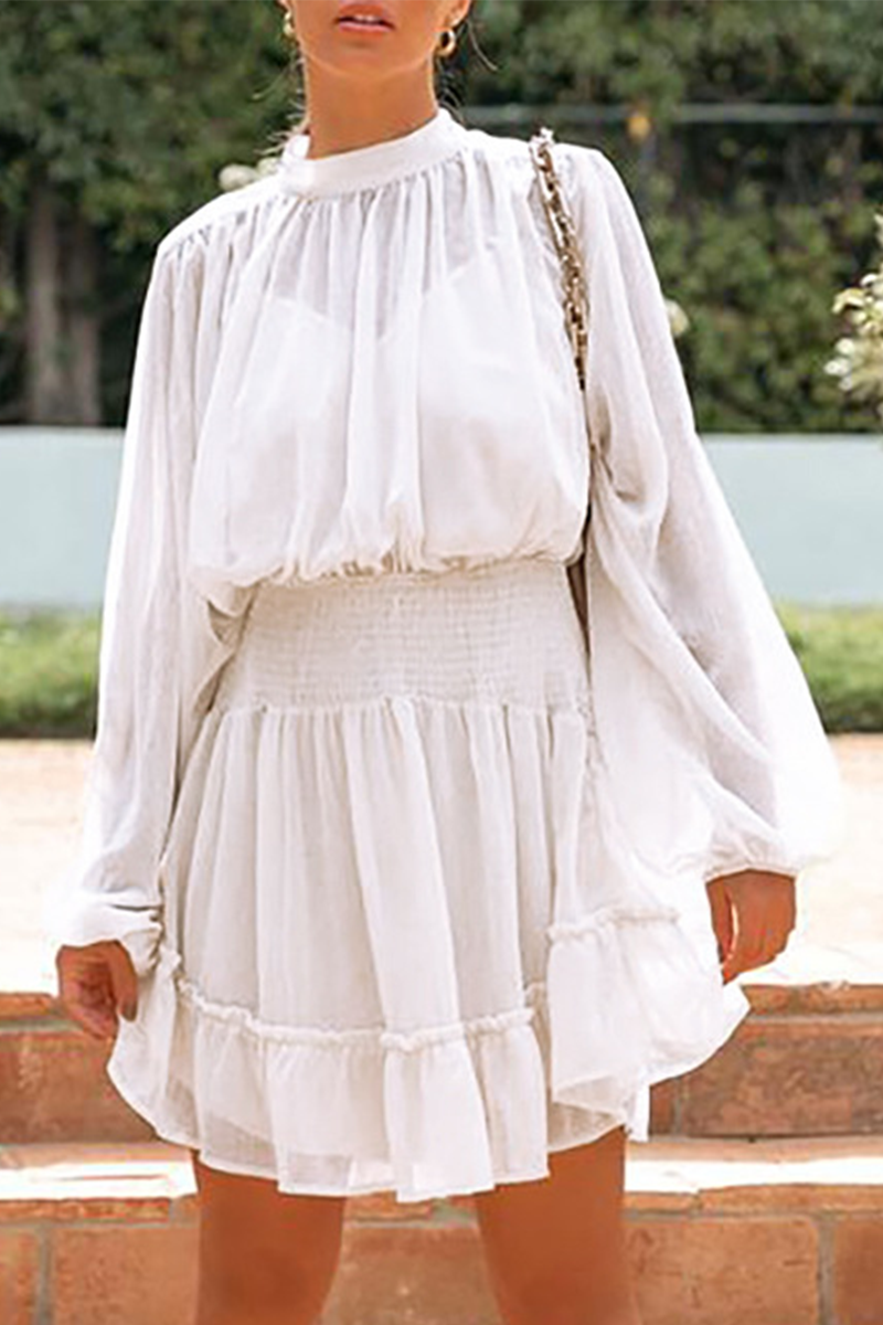 Fashion Casual Solid Flounce Fold Half A Turtleneck Waist Skirt Dresses（4 colors）