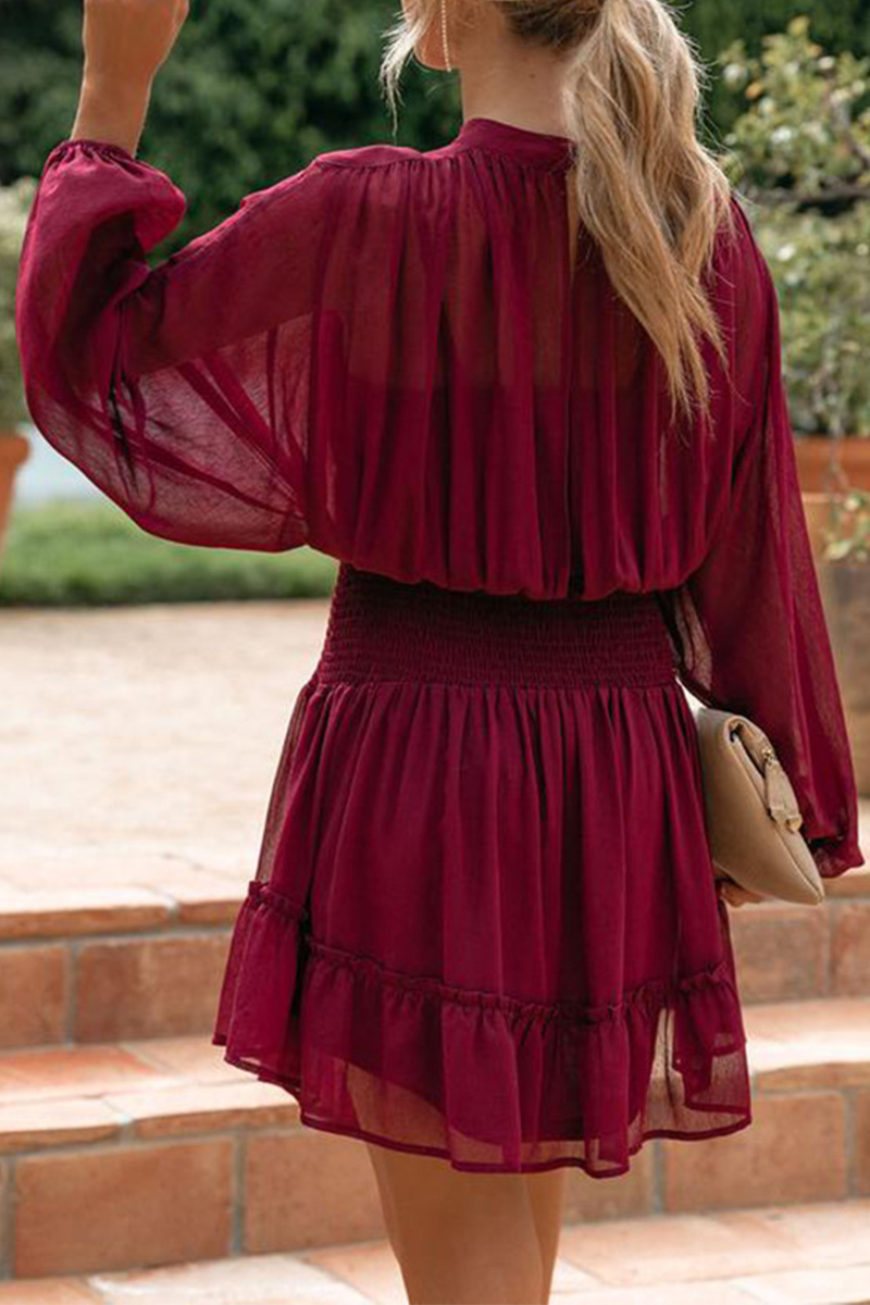 Fashion Casual Solid Flounce Fold Half A Turtleneck Waist Skirt Dresses（4 colors）
