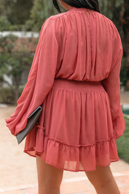 Fashion Casual Solid Flounce Fold Half A Turtleneck Waist Skirt Dresses（4 colors）
