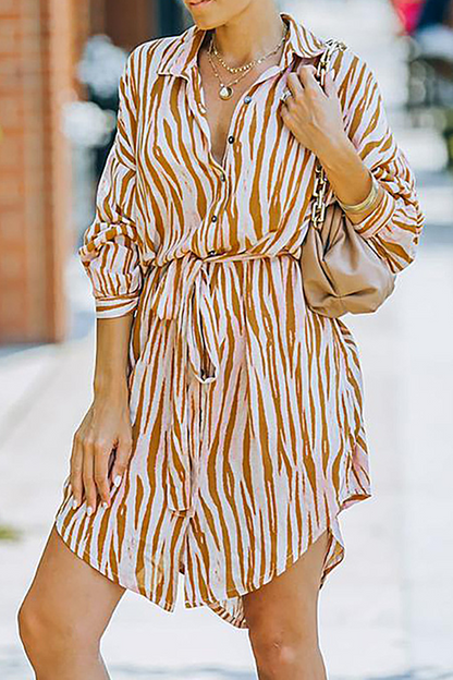 Fashion Casual Striped Buckle With Belt Turndown Collar Shirt Dress Dresses（7 colors）