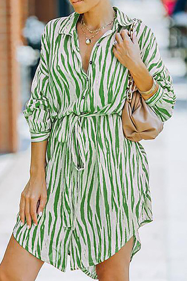 Fashion Casual Striped Buckle With Belt Turndown Collar Shirt Dress Dresses（7 colors）