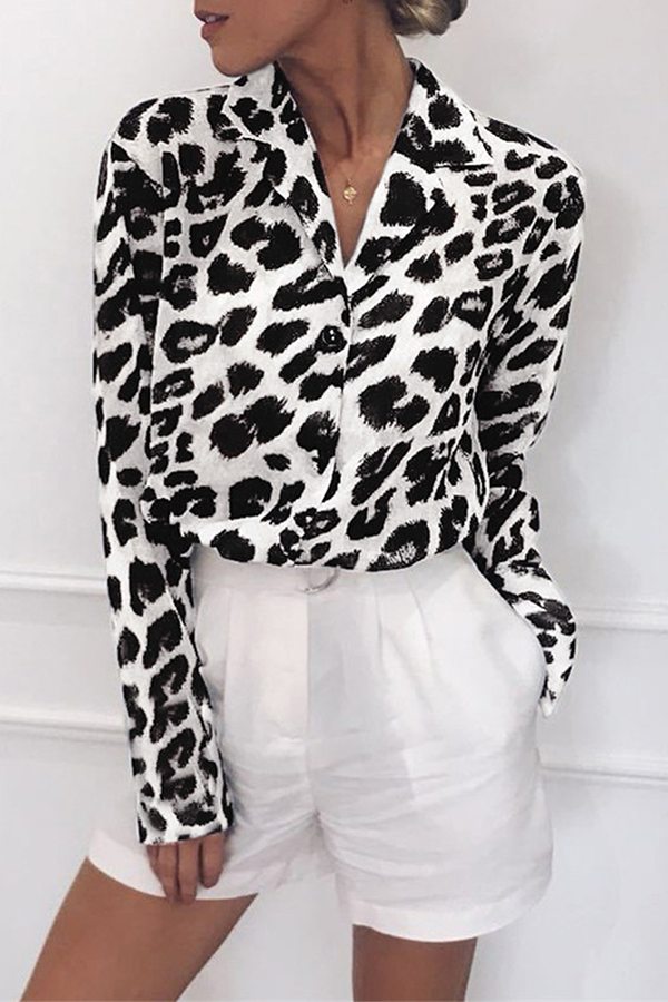 Fashion Casual Leopard Buckle Turndown Collar Tops
