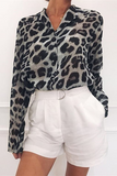Fashion Casual Leopard Buckle Turndown Collar Tops