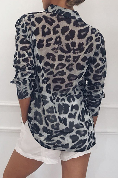 Fashion Casual Leopard Buckle Turndown Collar Tops