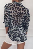 Fashion Casual Leopard Buckle Turndown Collar Tops