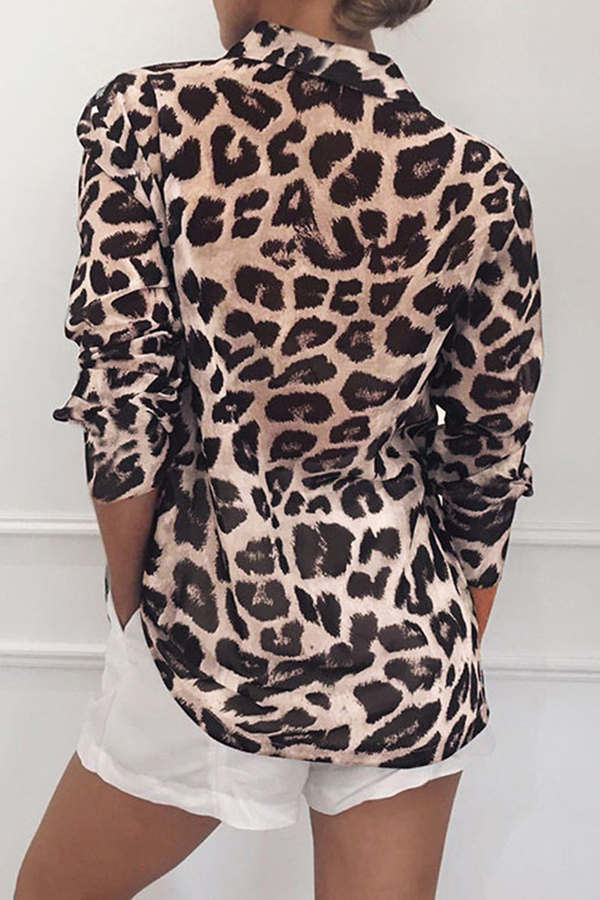 Fashion Casual Leopard Buckle Turndown Collar Tops
