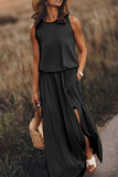 Fashion Casual Solid Patchwork Slit O Neck Waist Skirt Dresses(8 Colors)