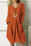 Fashion Casual Solid Pocket O Neck Long Sleeve Dresses(4 Colors)