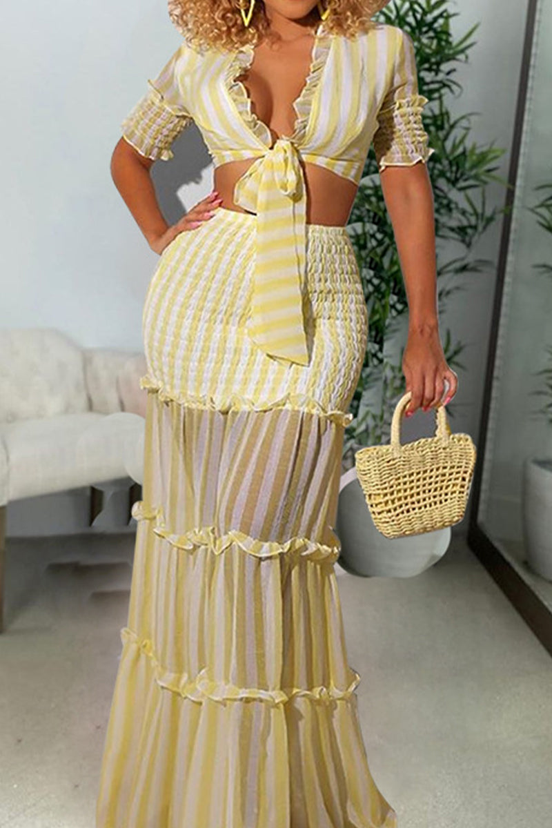 Elegant Striped Patchwork V Neck Short Sleeve Two Pieces(3 Colors)