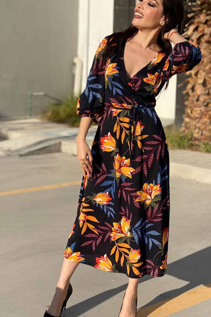 Vlovelaw Stitching Flower Picture Double V-neck Midi Dress