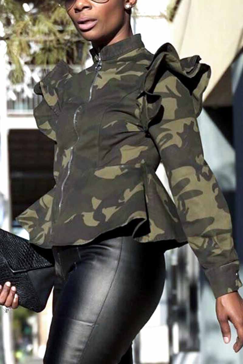 Vlovelaw Stand-up Collar Camouflage Ruffle Jacket