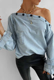 Vlovelaw Spring Button-Neck Off-Shoulder Long-Sleeved Denim Shirt