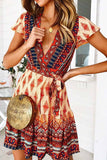 Vlovelaw Spring And Summer Fashion Retro V-Neck Print Short Sleeves Mini Dress