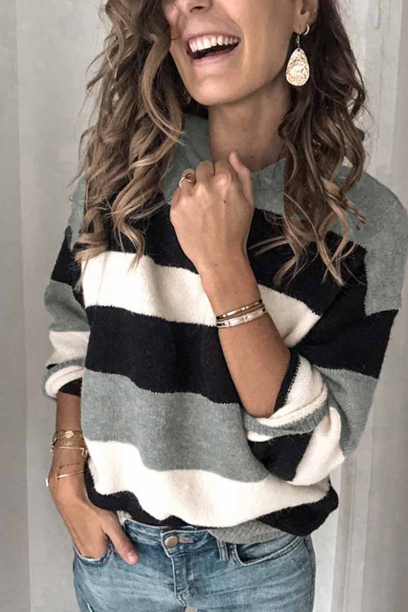 Vlovelaw Striped O-Neck Contrast Sweater(3 Colors)