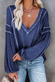 Vlovelaw Solid Color Pullover V-Neck Bubble Long Sleeves Tops(4 Colors)