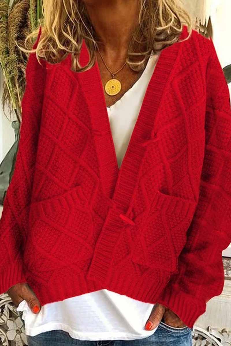 Vlovelaw Solid Ribbed Horn Buckle Pockets Cardigan(4 Colors)