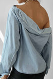 Vlovelaw Spring Button-Neck Off-Shoulder Long-Sleeved Denim Shirt