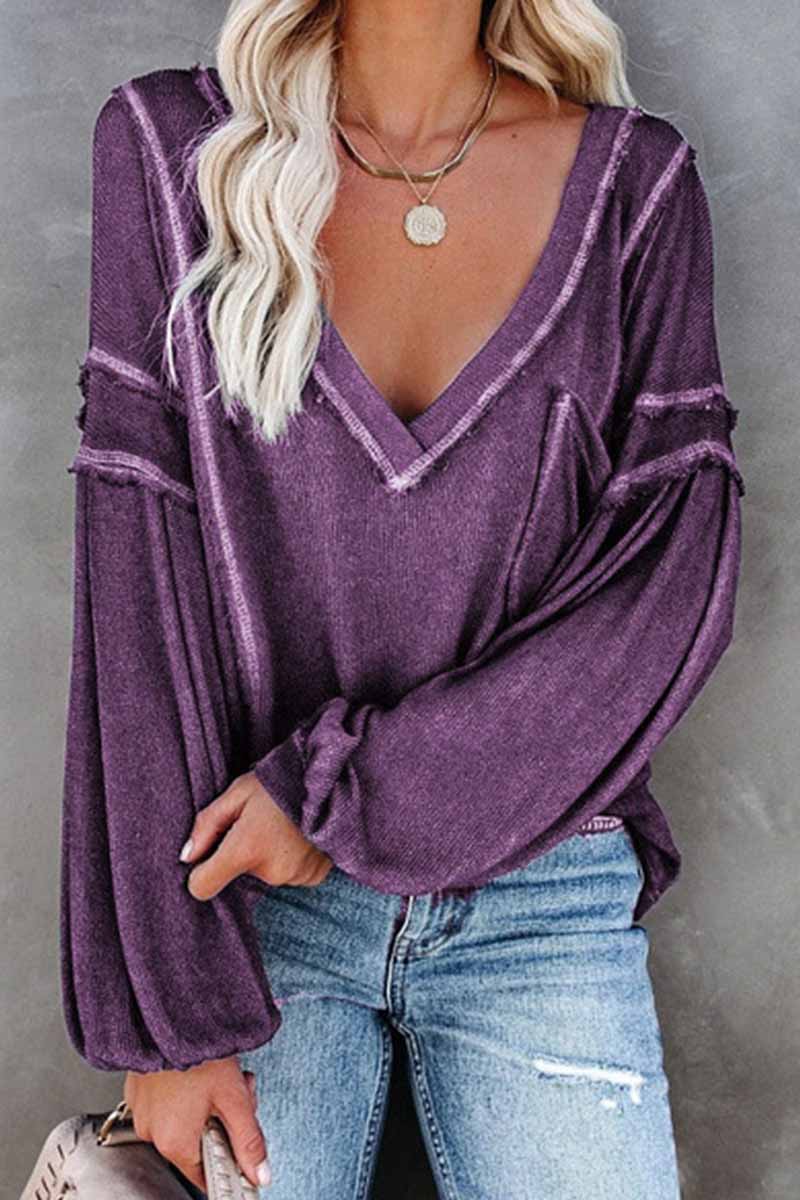 Vlovelaw Solid Color Pullover V-Neck Bubble Long Sleeves Tops(4 Colors)