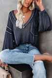 Vlovelaw Solid Color Pullover V-Neck Bubble Long Sleeves Tops(4 Colors)