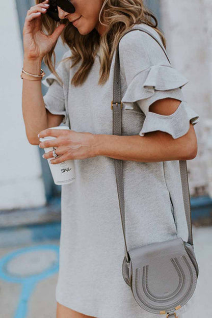 Vlovelaw Solid Color O-neck Ruffle Mini Dress