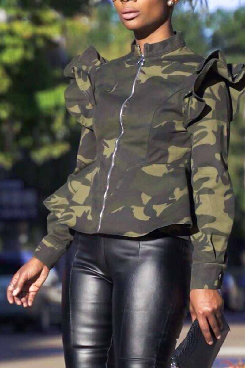 Vlovelaw Stand-up Collar Camouflage Ruffle Jacket