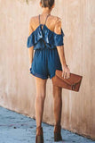 Vlovelaw Solid Color Slub Cotton Sling Ruffled Backless Jumpsuit