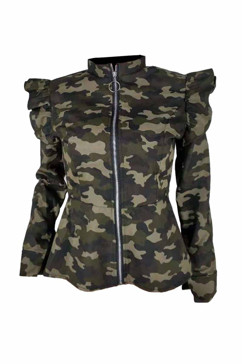 Vlovelaw Stand-up Collar Camouflage Ruffle Jacket