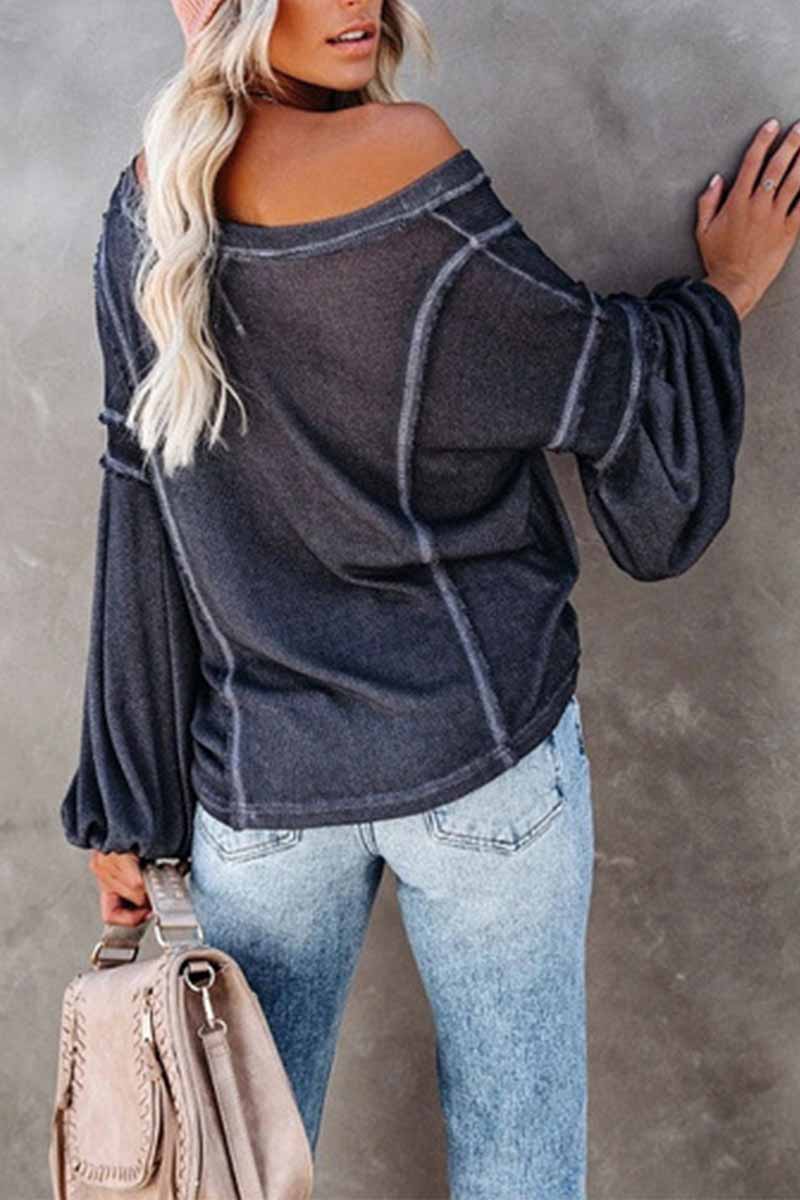 Vlovelaw Solid Color Pullover V-Neck Bubble Long Sleeves Tops(4 Colors)